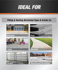 Image showing areas ideal for Gray Concrete Sealant For Driveways, Steps, And Sidewalks, All Weather Tough As Nails Hybrid Polymer Sealant, 9 Oz, Weather Resistant From 0 To 140 Degrees, Ideal For Masonry Cracks And Surface Repairs: Driveways, Steps, Patios, Sidewalks, Garages, Above Ground Foundations.