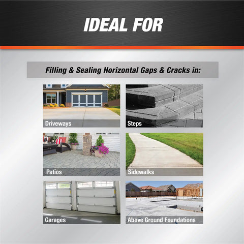Image showing areas ideal for Gray Concrete Sealant For Driveways, Steps, And Sidewalks, All Weather Tough As Nails Hybrid Polymer Sealant, 9 Oz, Weather Resistant From 0 To 140 Degrees, Ideal For Masonry Cracks And Surface Repairs: Driveways, Steps, Patios, Sidewalks, Garages, Above Ground Foundations.