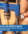 Person adjusting depth stop on Portable Drill Guide Pro For Precise Angle Drilling A Self Centering Jig With Built In Dust Collection Adapter KDG6500