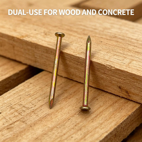 38 Pack One And A Half Inch Gold Zinc Plated Concrete Nails For Outdoor Masonry Rust Resistant Corrosion Resistant And Tough As Nails Fastening For Concrete Brick Block And Stucco Wall Mounting on wood
