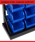 47 Bin Garage Organizer Rack With 15 Large And 32 Small Bins, Tabletop Or Wall Mount Steel Storage showing blue stackable bins