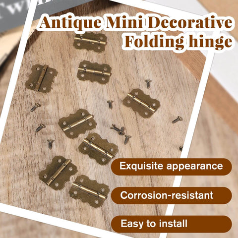 Bronze Antique Mini Hinges For Wooden Boxes 30 Piece Set With Screws 25x20mm on wooden surface, includes screws