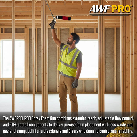 Worker using Pro Spray Foam Gun With Two Foot Long Nozzle For Tight Gaps, High Precision Adjustable Flow Control in construction site