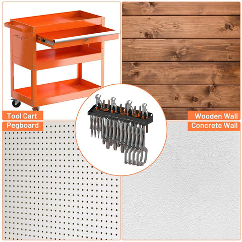 Heavy Duty Metal Plier Organizer And Wall Mount Tool Rack with orange tool cart, pegboard, wooden, concrete walls