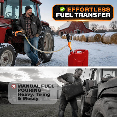 Heavy Duty Battery Powered Fuel Transfer Pump Delivers 2.4 GPM Smooth Flow For Gasoline And Diesel Zero Cord Hassles in action by tractor.