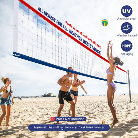 Heavy Duty Outdoor Volleyball Net 32X3FT Net Only with beach players, UV treated HDPE, waterproof nylon coated edges, installed on sand