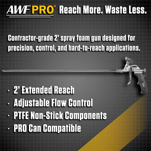 Pro Spray Foam Gun With Two Foot Long Nozzle For Tight Gaps, High Precision Adjustable Flow Control displayed on grid background