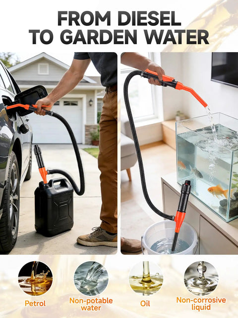 Grab And Go Portable Electric Fuel Transfer Pump Cordless Gas Siphon Battery Operated Fuel Dispenser in use for fuel transfer to an aquarium.