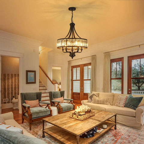 Modern Black Crystal Chandelier With 5 Lights, Farmhouse Style Dining Room Fixture in a stylish living room.