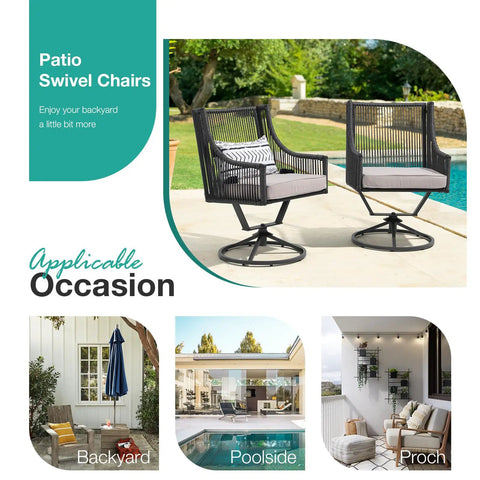 Outdoor Swivel Dining Chairs Set Of 2 With Cushions All Weather Wicker Patio Chairs Made From Twisted PE Rattan Metal Frame