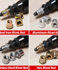 Industrial Hydraulic Pneumatic Riveter Kit For Rivnuts and Riveting Pro Grade shown with various rivet nuts on white background