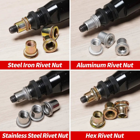 Industrial Hydraulic Pneumatic Riveter Kit For Rivnuts and Riveting Pro Grade shown with various rivet nuts on white background