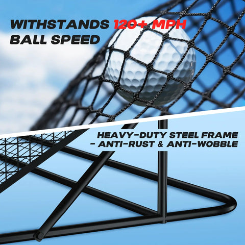 Close-up of 10x10 Golf Hitting Net with side barriers and ball return system, showing net detail and steel frame.