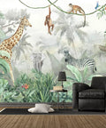 Bright Tropical Leaves And Safari Animals Kids Wall Mural For Bedroom And Living Room TV Background Not Peel And Stick Nine Piece Silk Finish Large Wall Decor Set For Playful Nurseries And Shared Spaces featuring giraffe, zebra, and monkeys in jungle scene.