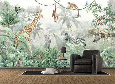 Bright Tropical Leaves And Safari Animals Kids Wall Mural For Bedroom And Living Room TV Background Not Peel And Stick Nine Piece Silk Finish Large Wall Decor Set For Playful Nurseries And Shared Spaces featuring giraffe, zebra, and monkeys in jungle scene.