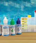 Total Game Changer Swimming Pool And Spa Water Test Kit with five solution bottles and color-coded test block.