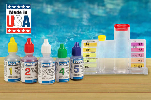 Total Game Changer Swimming Pool And Spa Water Test Kit with five solution bottles and color-coded test block.