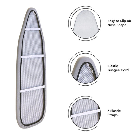 Pro-Grade Ironing Board Cover And Pad 49 By 18 Inches showing elastic bungee cord, no-slip grip, and 3 elastic straps