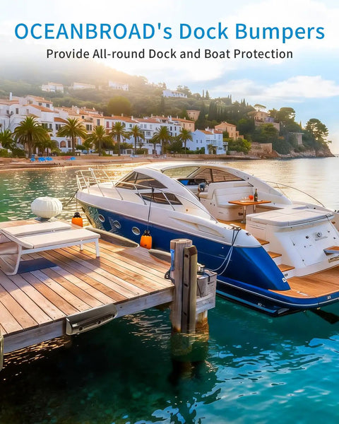 Tough As Nails 48 Inch Dock Piling Bumpers 2 Pack Marine Grade protectors on a wooden dock with a boat moored nearby.