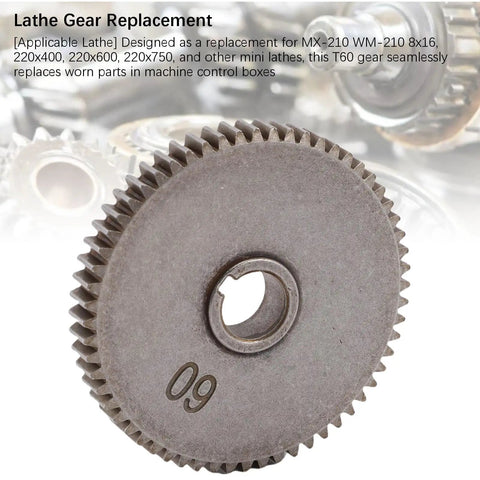 Heavy Duty T60 Sixty Tooth Mini Lathe Gear Replacement For Mx-210 Wm-210 8x16 with visible teeth and hole detail.