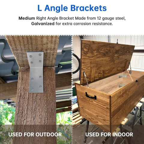 Heavy Duty 12 Gauge L Brackets 3x3 Inch Galvanized Corner Braces used for outdoor and indoor woodworking projects