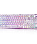 Smooth Wireless Mechanical Keyboard With Sleek Rotary Knob And Sick Tri Mode Sync For Effortless Multi Device Pairing Purple Crystal Switches displaying RGB lighting.