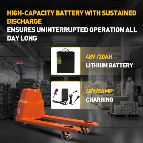 Heavy Duty Electric Pallet Jack With 4400 Lb Capacity And Lithium Battery, featuring a 48V lithium battery and charger in a warehouse.