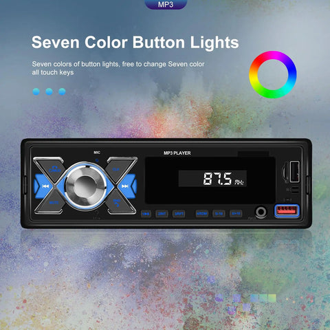Front view of Single Din Car Stereo Bluetooth 5.1 with App Remote Control USB Port FM Radio showing seven color button lights.