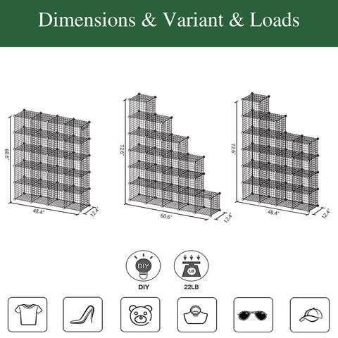 Diagram showing dimensions of 20 Cube Wire Grid Storage Organizer In Black Metal, A Flexible Modular Shelving System For Home Use, Tall 60.6 Inch