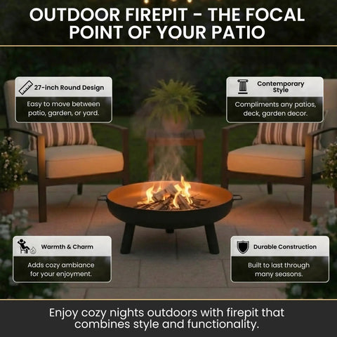 27.5 Inch Outdoor Wood Burning Fire Pit With Handles And Cover Black Lightweight 17.5 Lb Portable Fire Pit for patio.