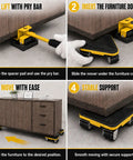 Heavy Duty Furniture Movers For Heavy Objects Set Includes 4 Triangular Moving Dollies showing how to lift and move furniture with pry bar.