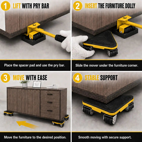 Heavy Duty Furniture Movers For Heavy Objects Set Includes 4 Triangular Moving Dollies showing how to lift and move furniture with pry bar.