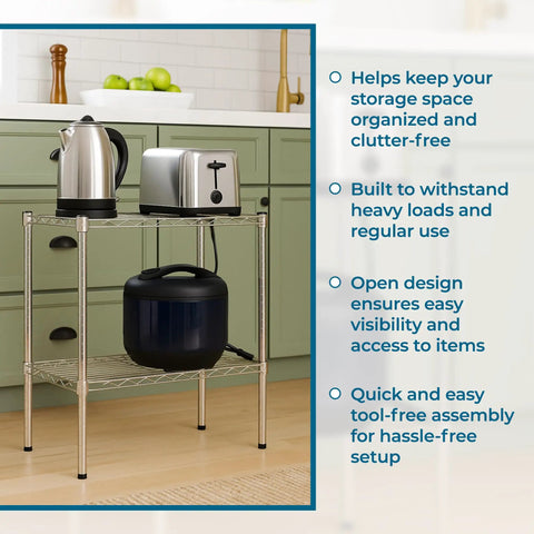 Heavy Duty Chrome Wire Shelving Rack With Two Adjustable Tiers And Rust Resistant Finish Offers Legit Storage Up To Five Hundred Pounds Through Quick No Sweat Tool Free Assembly And Sleek Design Tailored For Garage Kitchen Or Office Organization