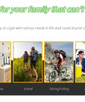 Image collage with activities: living at home, traveling, hiking/riding, and camping, illustrating diverse lifestyle scenarios.