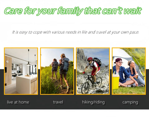 Image collage with activities: living at home, traveling, hiking/riding, and camping, illustrating diverse lifestyle scenarios.