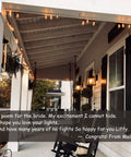 Warm 2200K Outdoor LED String Lights 100Ft With 52 Shatterproof Edison Bulbs on porch with poem