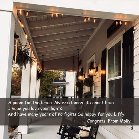 Warm 2200K Outdoor LED String Lights 100Ft With 52 Shatterproof Edison Bulbs on porch with poem