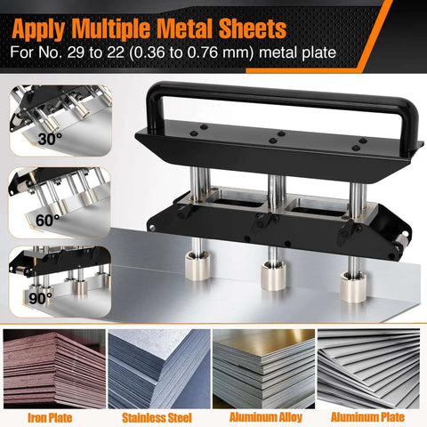 Pro Grade Three Station Edge Roller Bender in use for bending metal sheets from 30 to 90 degrees, fits 29 to 22 gauge steel.