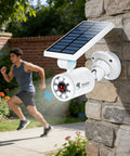 Solar Motion Sensor Lights Outdoor Aluminum Flood Light attached to brick wall, illuminating walkway, 1400 Lumen Output