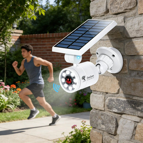 Solar Motion Sensor Lights Outdoor Aluminum Flood Light attached to brick wall, illuminating walkway, 1400 Lumen Output