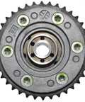 Heavy Duty Variable Timing Sprocket Built Damn Tough With Corrosion Resistant Housing And Reinforced Mounting Brackets front view showing teeth and mounting holes.