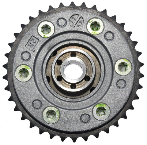 Heavy Duty Variable Timing Sprocket Built Damn Tough With Corrosion Resistant Housing And Reinforced Mounting Brackets front view showing teeth and mounting holes.