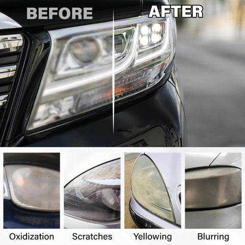Before and after of car headlights using Do It All Headlight Restoration Kit With Three Inch Drill Sanding Discs And One Quarter Inch Shank