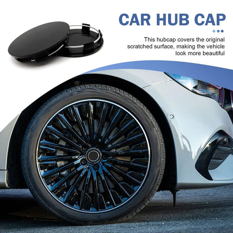 Quartet Of Sleek Black Wheel Center Caps Crafted From Hella Durable Abs, precision 60mm outer diameter on car wheel.