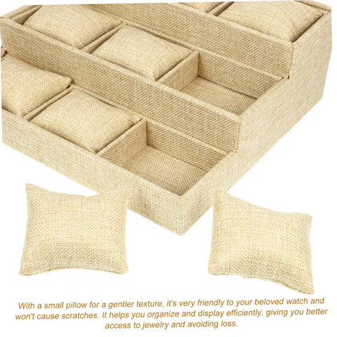 Slick Nine Grid Linen Watch Organizer Tray With Snug Padded Pillows, khaki fabric design showcases watch and jewelry slots.