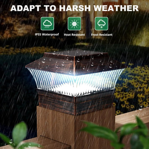 Outdoor Solar Post Lights Led Deck Fence Cap Lighting for 3.5x3.5 to 6x6 wood posts bronze finish 4 pack waterproof in rain