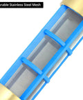 Pro Grade Heavy Duty Water Hose Filter For Three Quarters And Five Eighths Inch Hoses, Brass Suction Strainer and blue nylon frame close-up