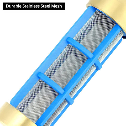 Pro Grade Heavy Duty Water Hose Filter For Three Quarters And Five Eighths Inch Hoses, Brass Suction Strainer and blue nylon frame close-up