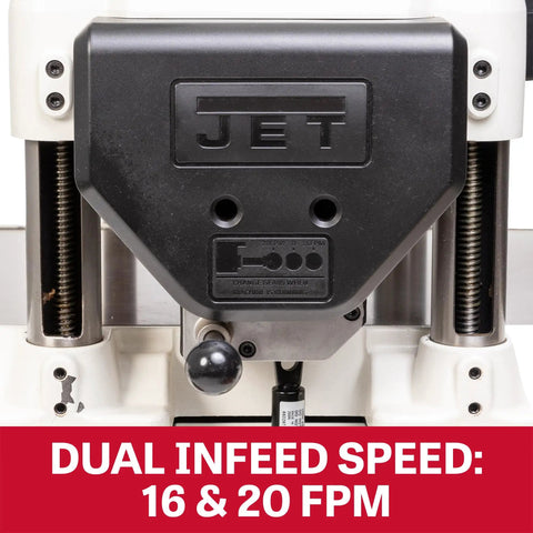 Heavy Duty 15 Inch Thickness Planer 3HP 230V Powerhouse showing dual infeed speed settings of 16 and 20 FPM.