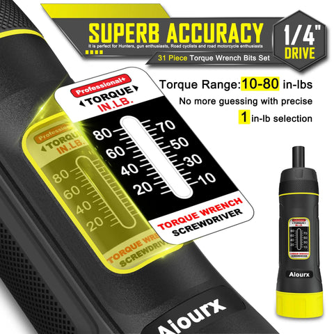Torque Screwdriver Set with 31-Piece S2 Steel Bits, 10-80 Inch-Pounds Torque Range, 1/4 Inch Drive Wrench Kit, measurement close-up